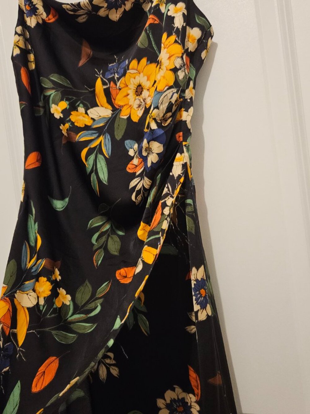 Garota Black Floral Satin Midi Dress Size XS — Cowl Neck / Side Ruche - Picture 4 of 10